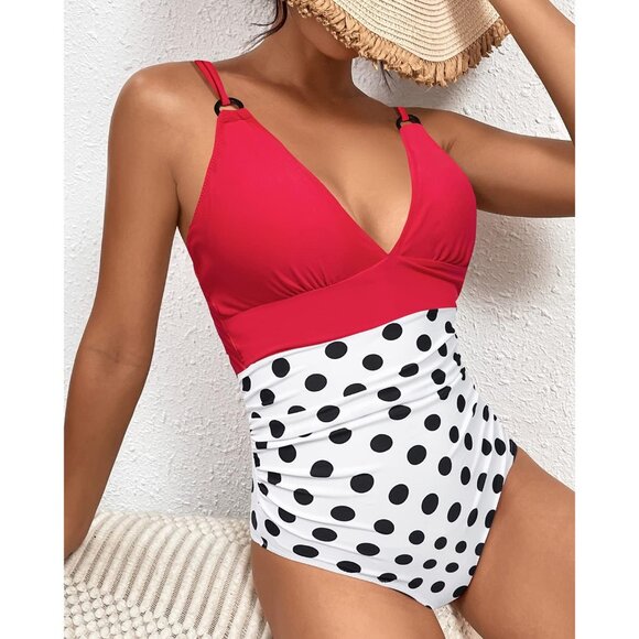 🆕Women’s Polka Dot Tummy Control Swimsuit V Neck Ruched Criss Cross Polyamide - Picture 2 of 5